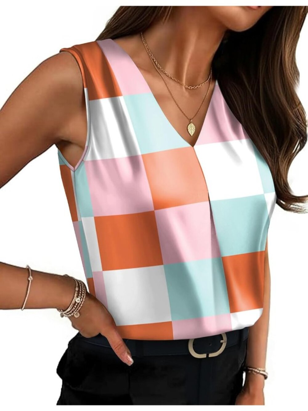 Women's Blue Square Sleeveless V Neck Silk Satin Blouses Pull On Casual Tank Top